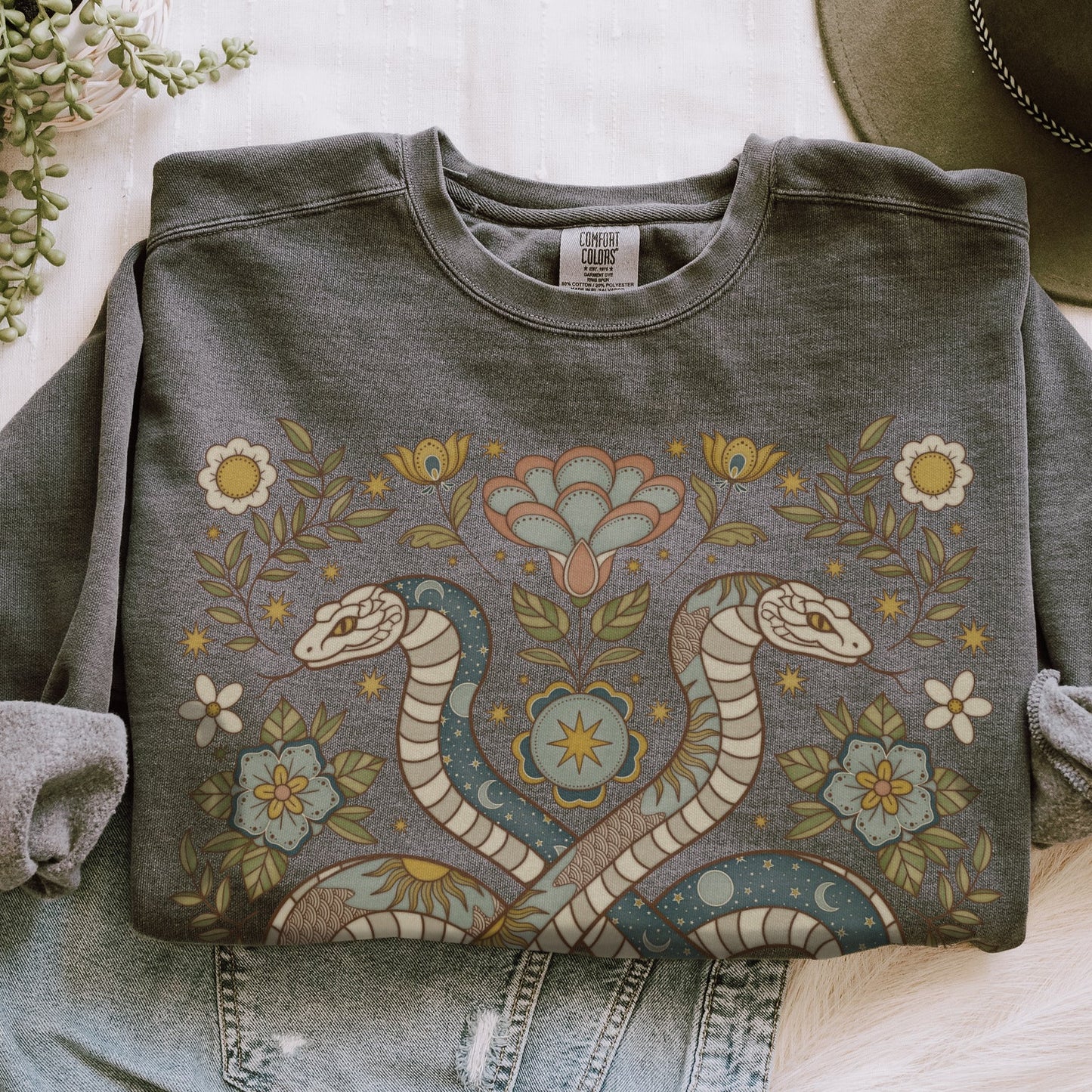 Folk Art Floral Snake Comfort Colors Sweatshirt - Esdee
