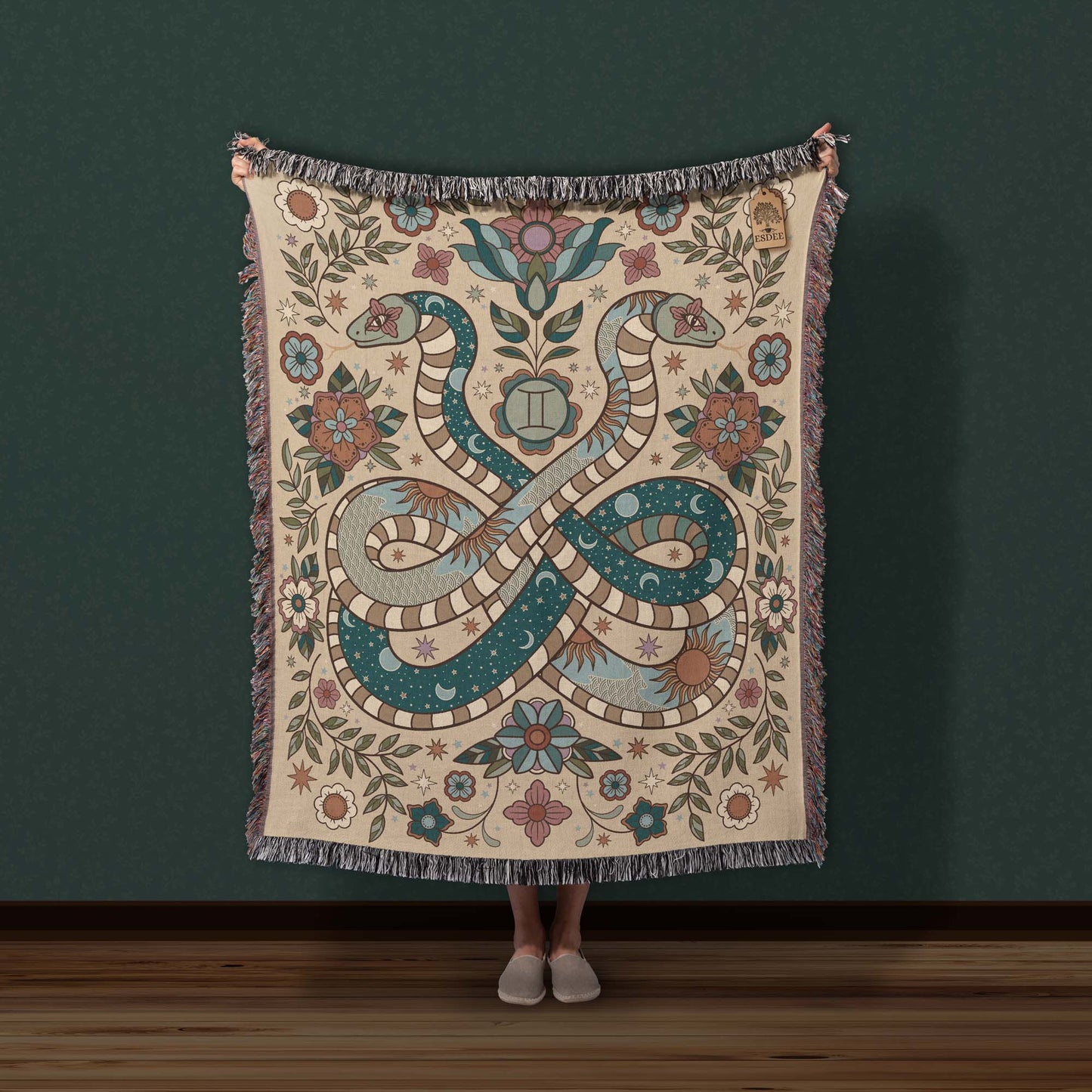 Gemini Zodiac Cotton Woven Throw Blanket, Retro Celestial Astrology Tapestry, Star Sign Gift
