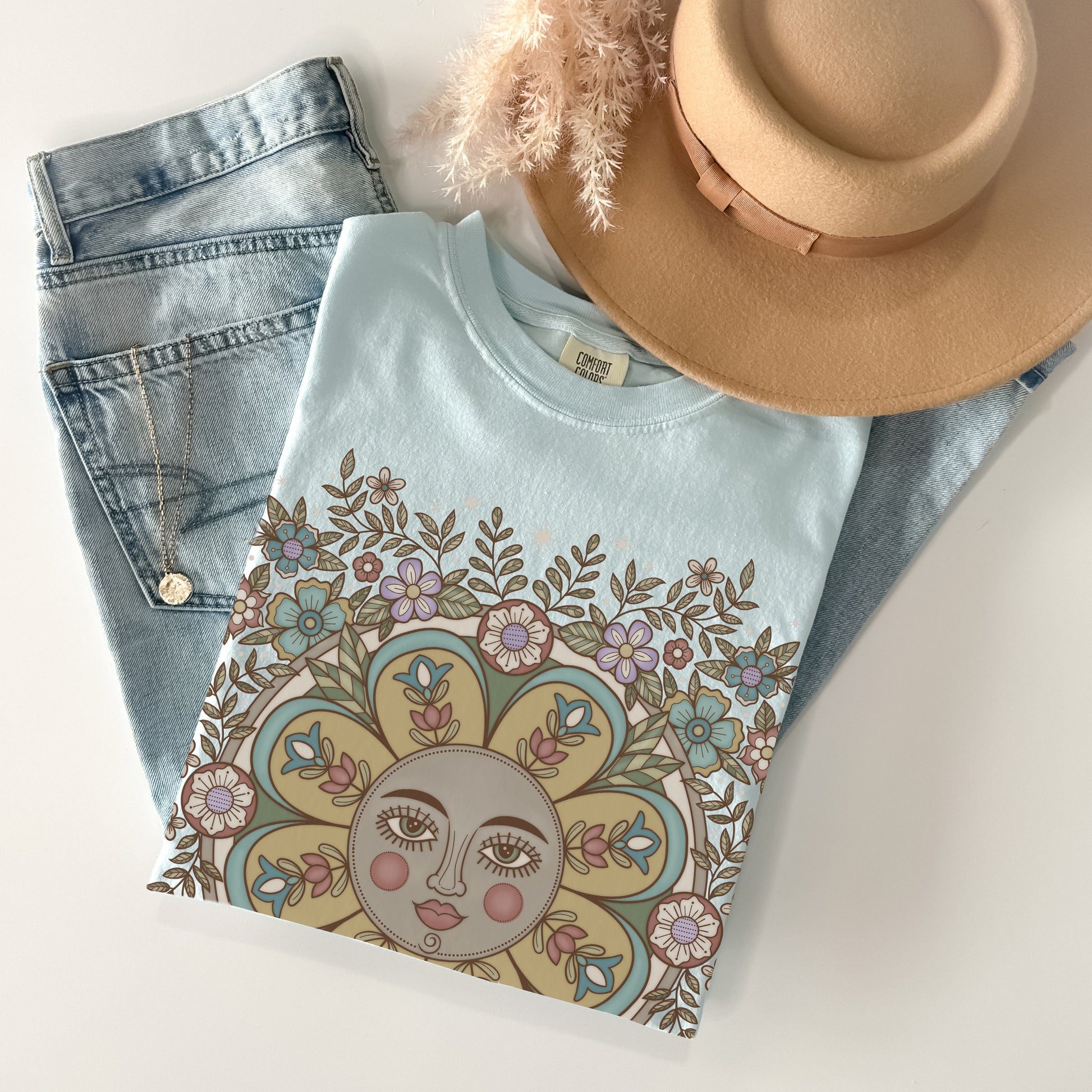 Retro Floral Folk Art T-Shirt Chambray- Esdee