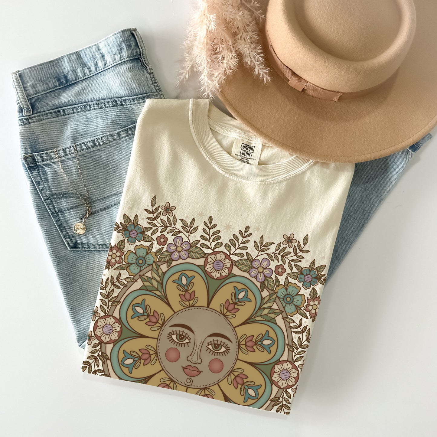 Retro Floral Folk Art T-Shirt Ivory- Esdee