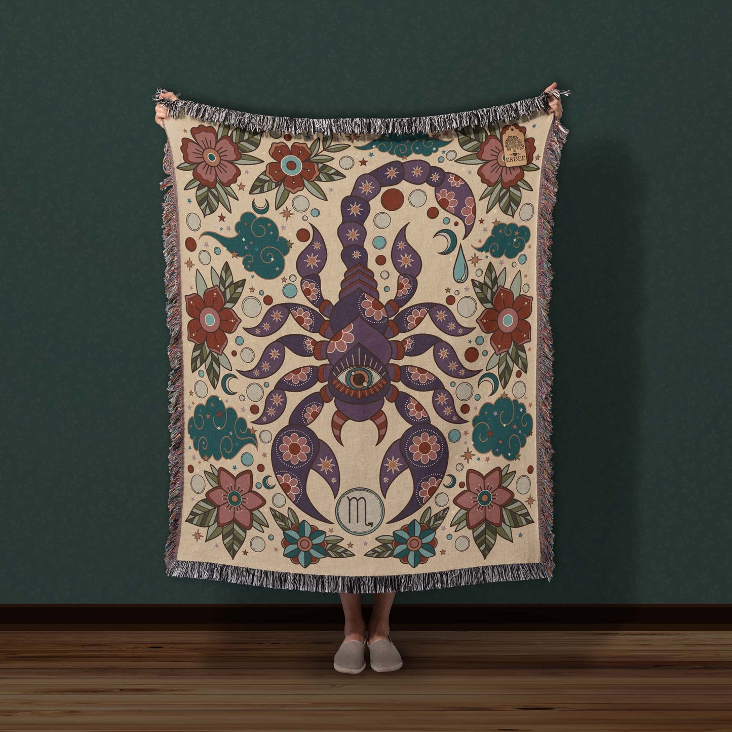 Scorpio Zodiac Cotton Woven Throw Blanket, Retro Celestial Astrology Tapestry, Star Sign Gift - Esdee