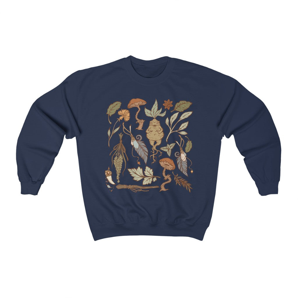 Perfect for the green witch or botany lover. This oversized witchy crewneck sweatshirt features beautiful botanical art. The perfect addition to any witch aesthetic wardrobe.