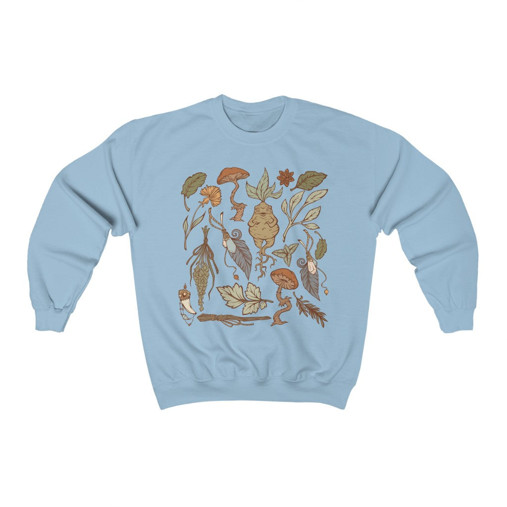 Perfect for the green witch or botany lover. This oversized witchy crewneck sweatshirt features beautiful botanical art. The perfect addition to any witch aesthetic wardrobe.