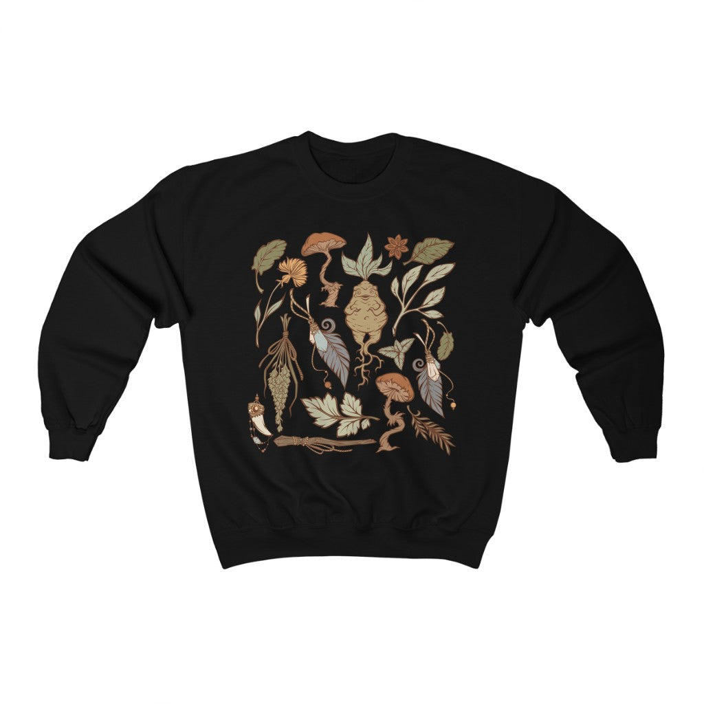 Perfect for the green witch or botany lover. This oversized witchy crewneck sweatshirt features beautiful botanical art. The perfect addition to any witch aesthetic wardrobe.