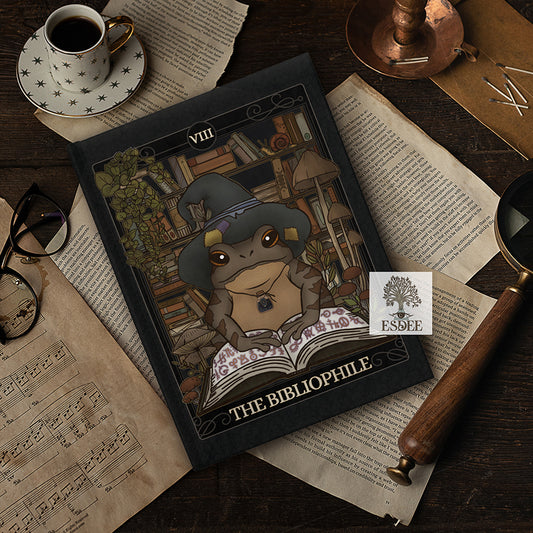 The Bibliophile Custom Tarot Card Hardcover Notebook. Witch Hat Frog, Reader, Book - Esdee