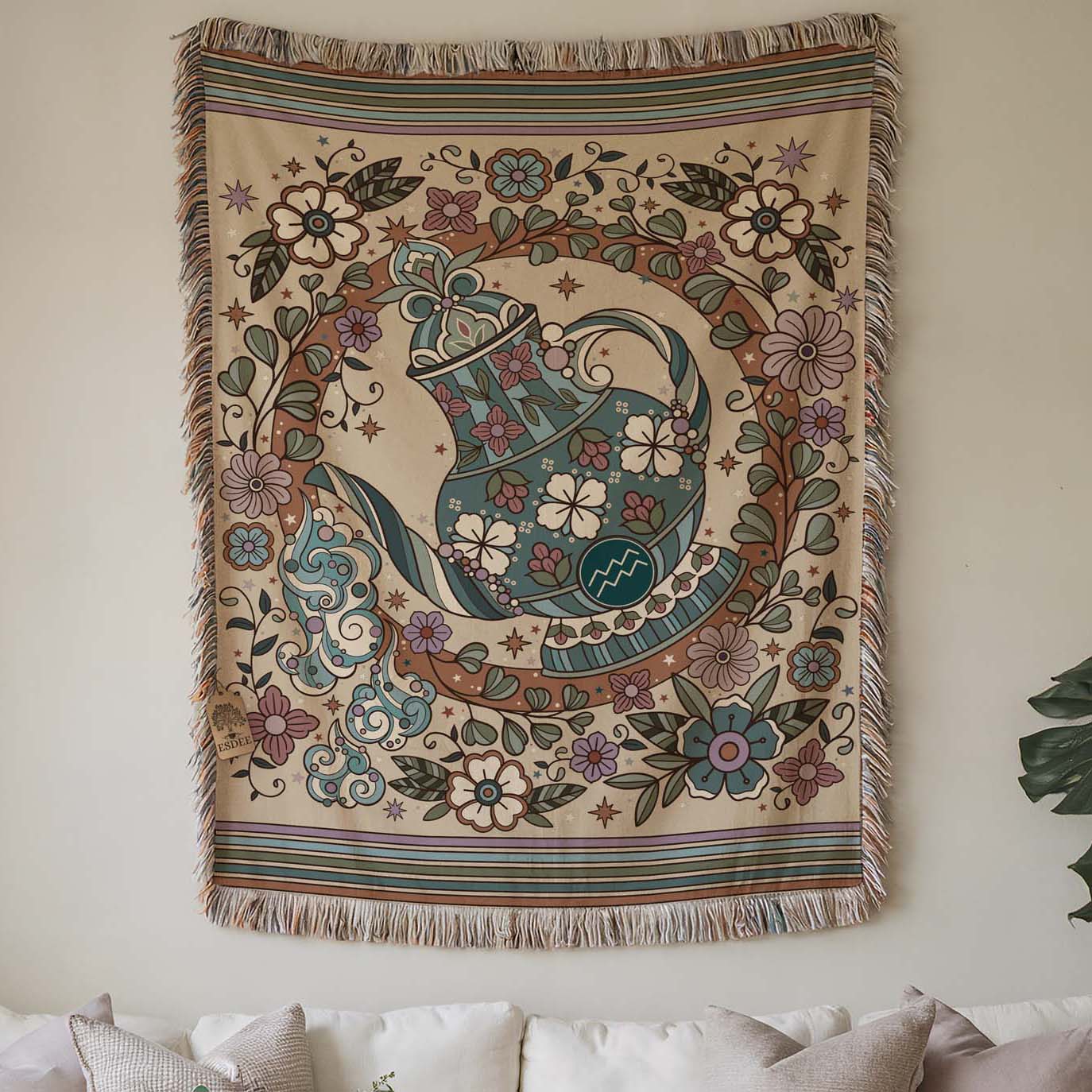 Aquarius Zodiac Cotton Woven Blanket, Retro Celestial Astrology Tapestry, Star Sign Gift - Esdee