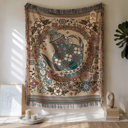 Aquarius Zodiac Cotton Woven Blanket, Retro Celestial Astrology Tapestry, Star Sign Gift - Esdee
