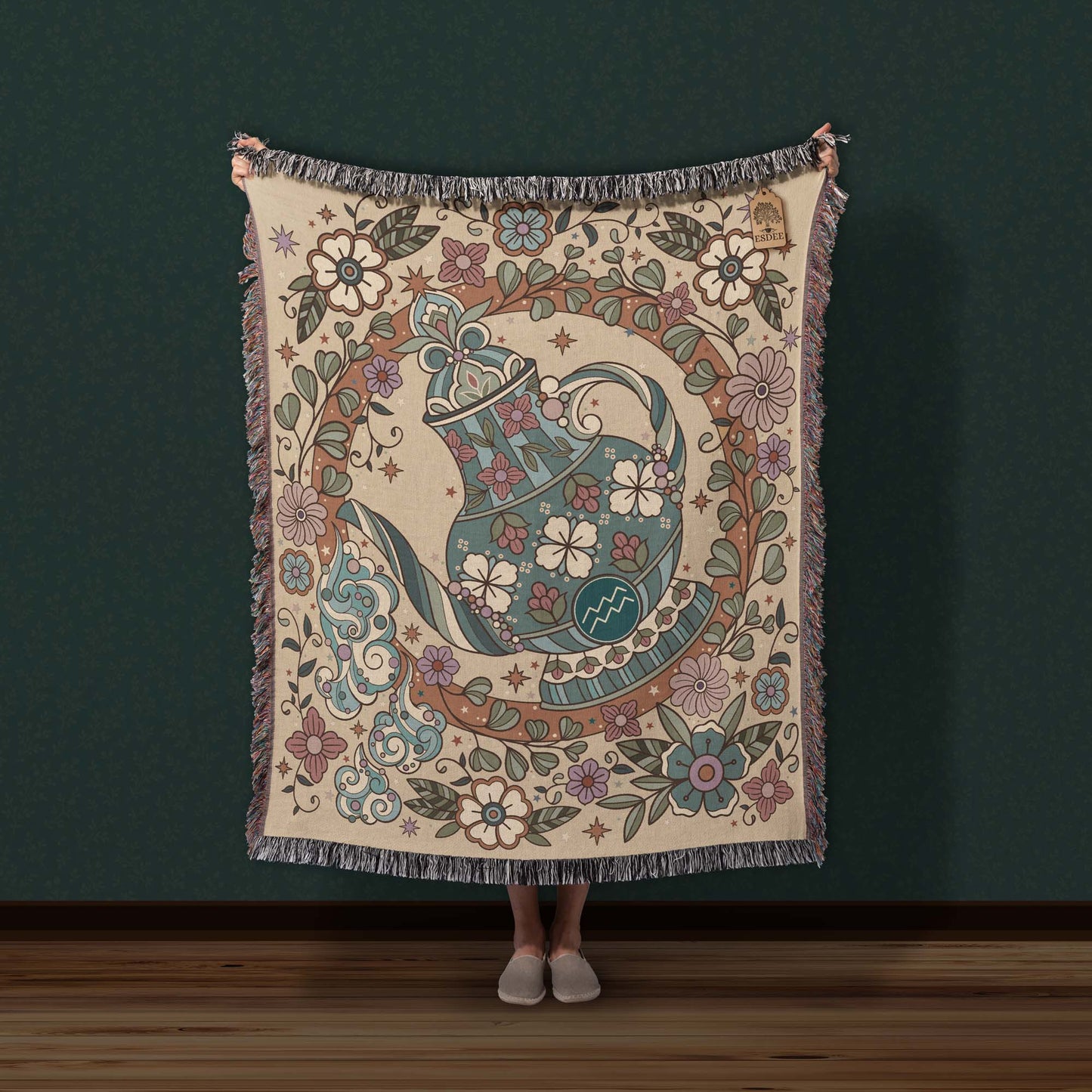 Aquarius Zodiac Cotton Woven Blanket, Retro Celestial Astrology Tapestry, Star Sign Gift - Esdee