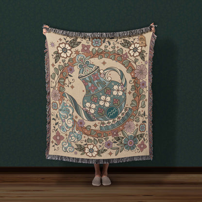 Aquarius Zodiac Cotton Woven Blanket, Retro Celestial Astrology Tapestry, Star Sign Gift - Esdee