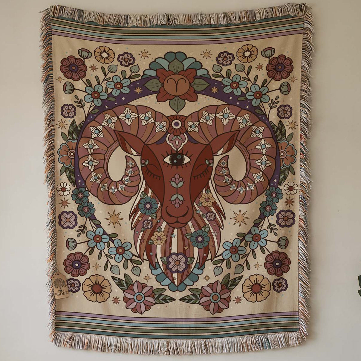 Aries Zodiac Cotton Woven Blanket, Retro Celestial Astrology Tapestry, Star Sign Gift - Esdee