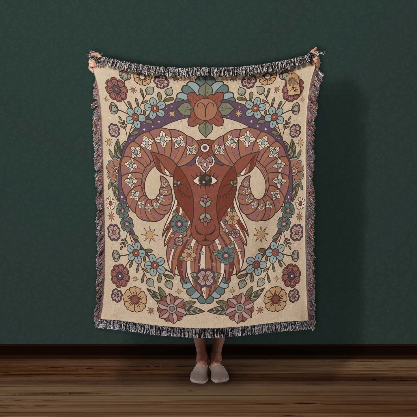 Aries Zodiac Cotton Woven Blanket, Retro Celestial Astrology Tapestry, Star Sign Gift