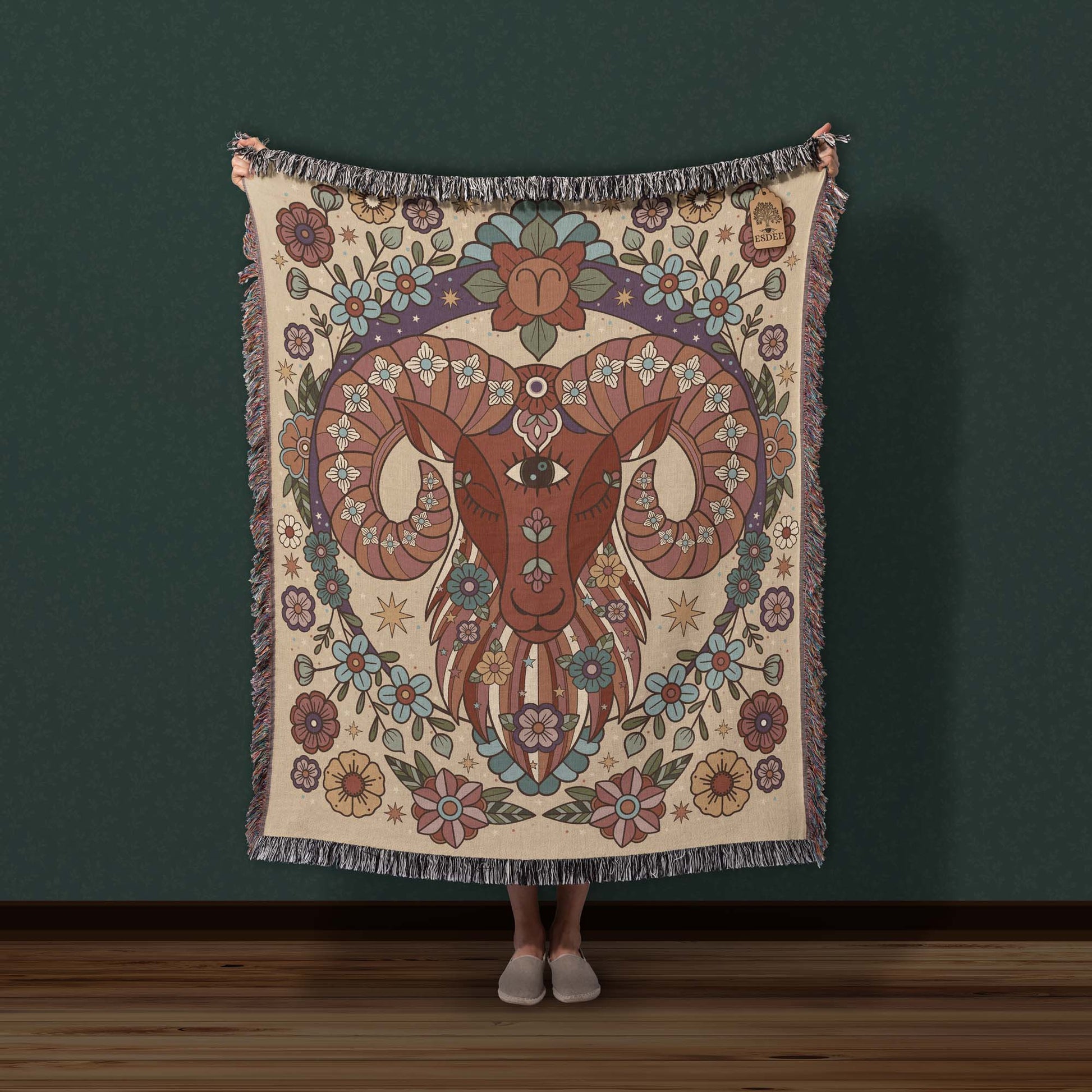 Aries Zodiac Cotton Woven Blanket, Retro Celestial Astrology Tapestry, Star Sign Gift