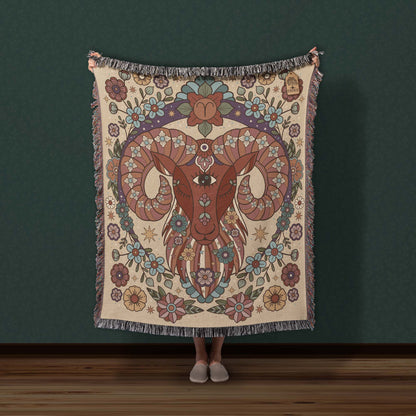 Aries Zodiac Cotton Woven Blanket, Retro Celestial Astrology Tapestry, Star Sign Gift