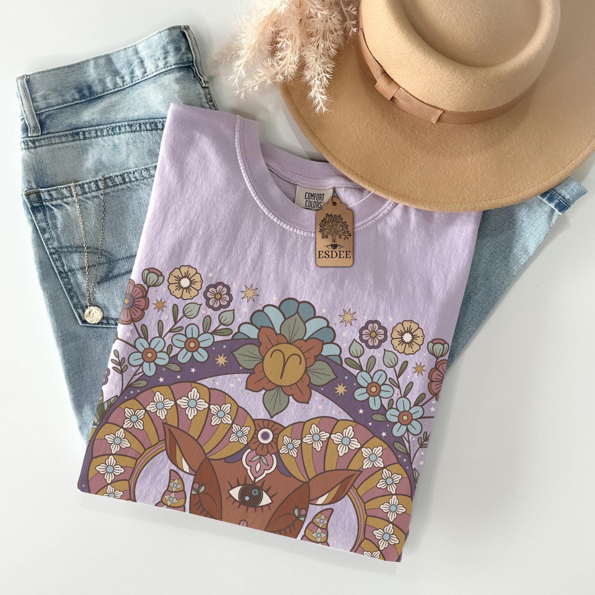 Aries Zodiac Sign Retro Comfort Colors T-shirt, Boho Celestial Astrology Tee, Star Sign Gift - Esdee