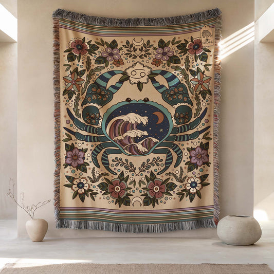 Cancer Zodiac Cotton Woven Throw Blanket, Retro Celestial Astrology Tapestry, Star Sign Gift - Esdee