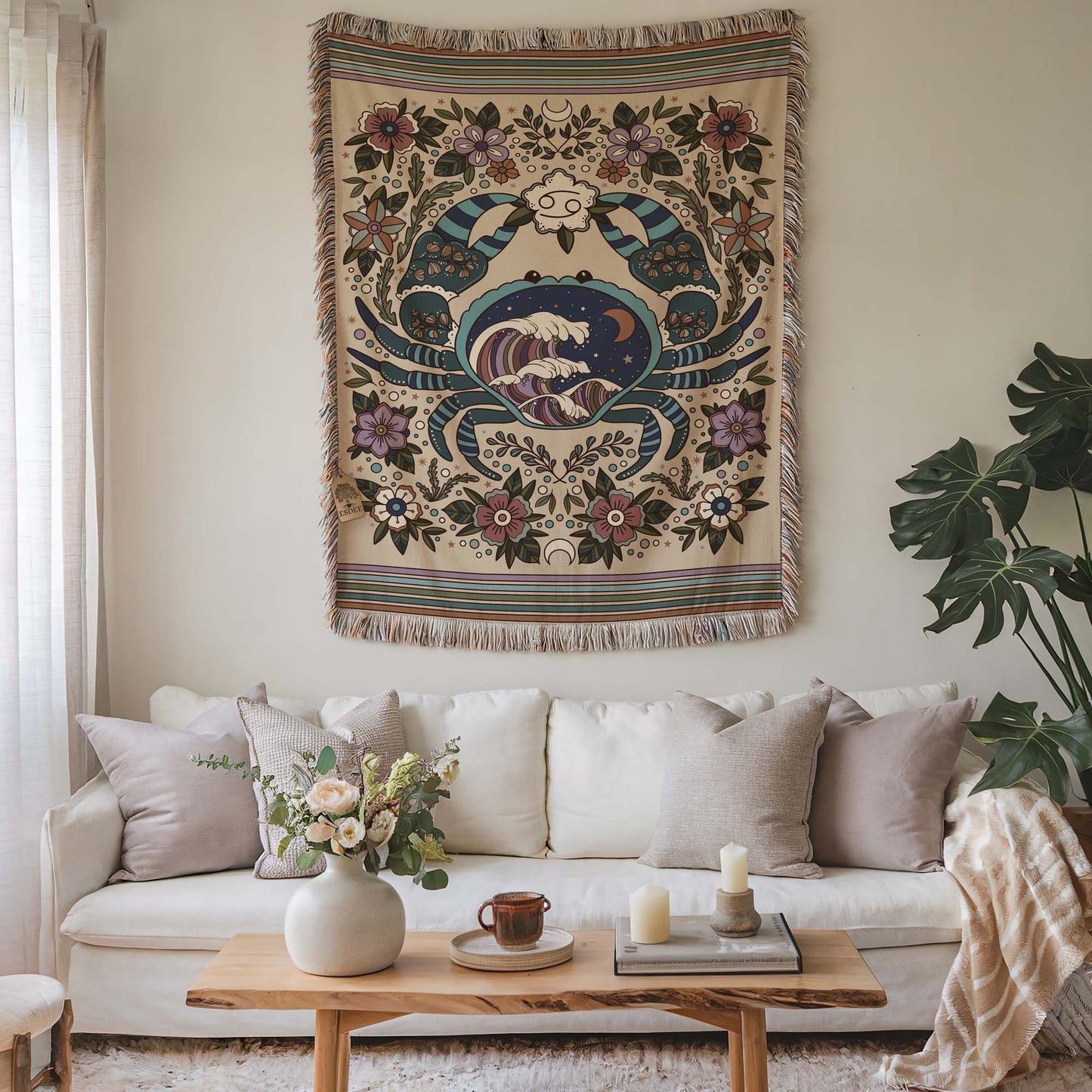 Cancer Zodiac Cotton Woven Throw Blanket, Retro Celestial Astrology Tapestry, Star Sign Gift - Esdee