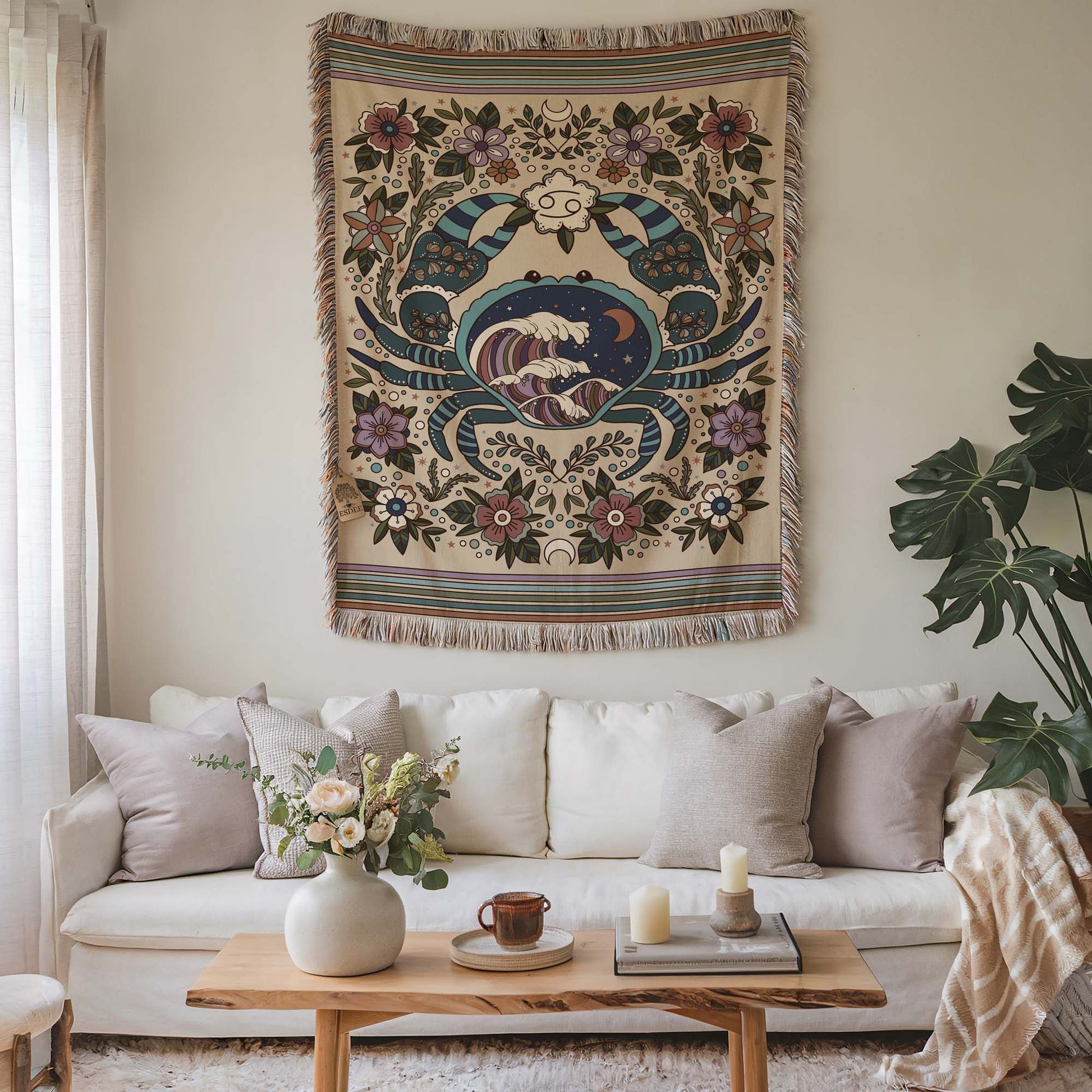 Cancer Zodiac Cotton Woven Throw Blanket, Retro Celestial Astrology Tapestry, Star Sign Gift - Esdee