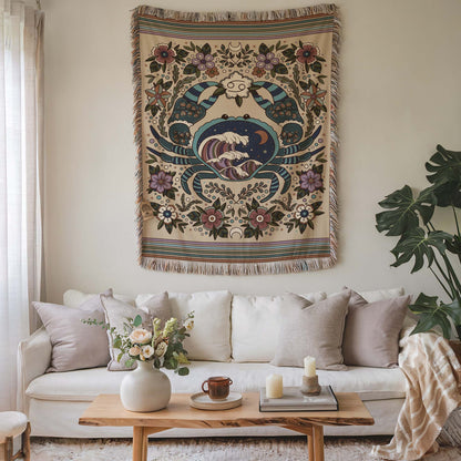 Cancer Zodiac Cotton Woven Throw Blanket, Retro Celestial Astrology Tapestry, Star Sign Gift - Esdee