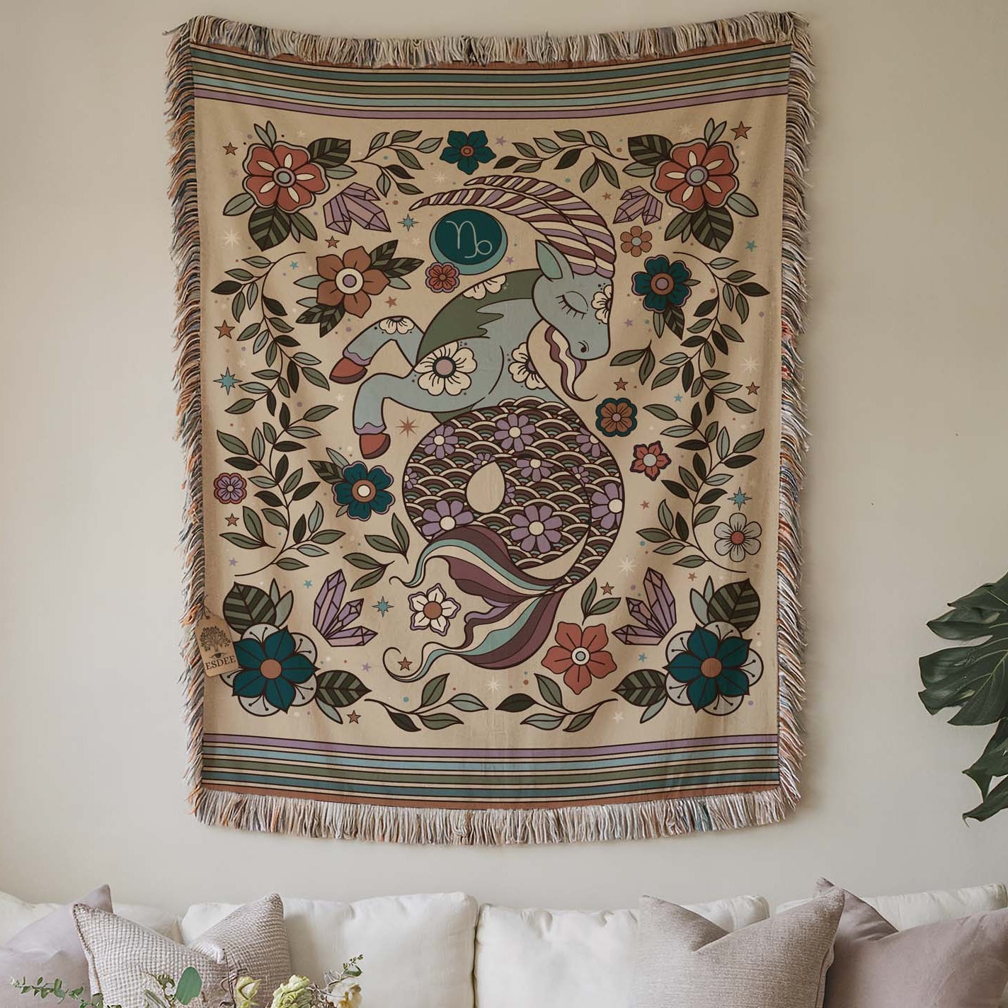 Capricorn Zodiac Cotton Woven Throw Blanket, Retro Celestial Astrology Tapestry, Star Sign Gift - Esdee