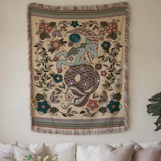 Capricorn Zodiac Cotton Woven Throw Blanket, Retro Celestial Astrology Tapestry, Star Sign Gift - Esdee