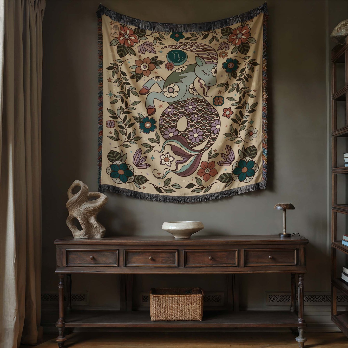 Capricorn Zodiac Cotton Woven Throw Blanket, Retro Celestial Astrology Tapestry, Star Sign Gift - Esdee