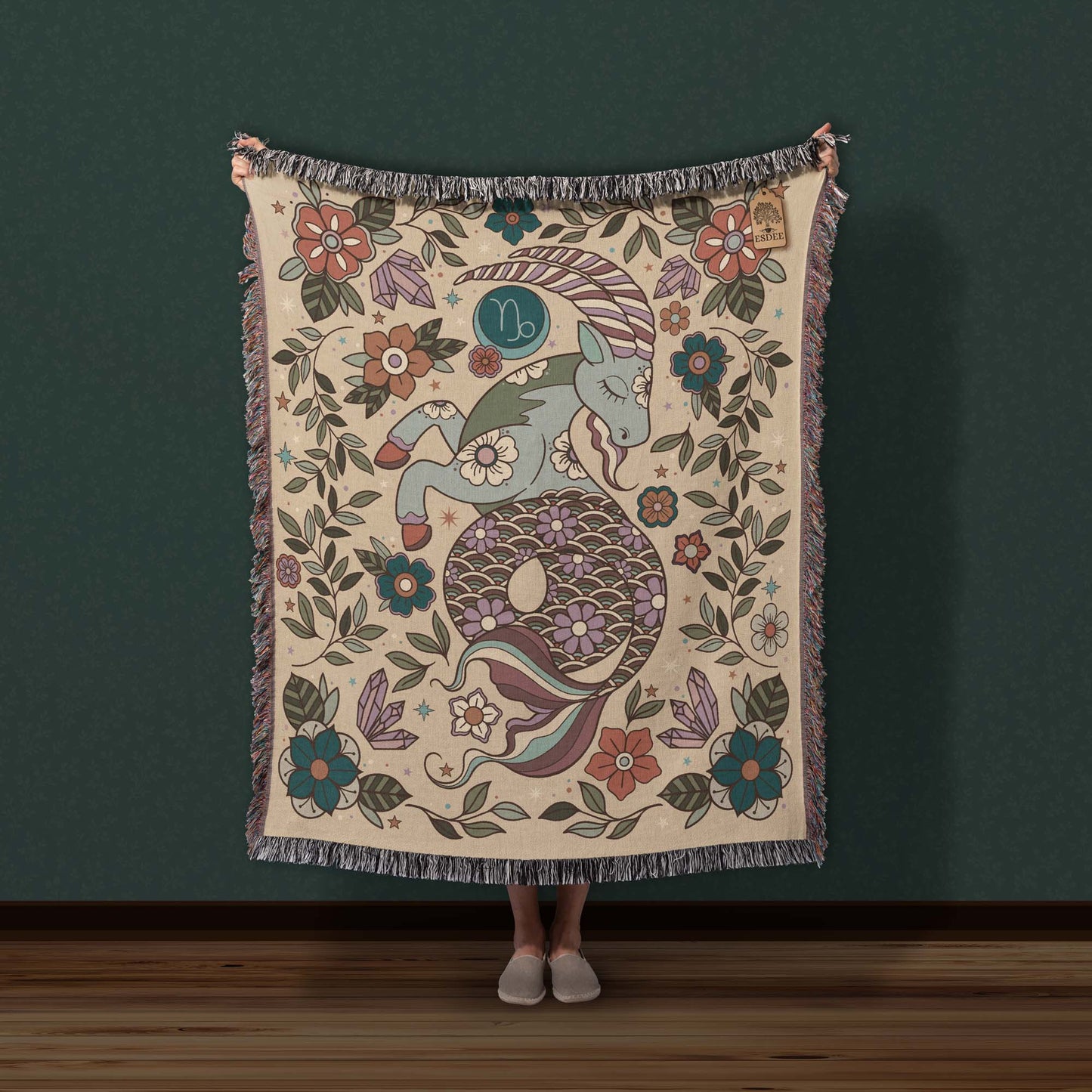 Capricorn Zodiac Cotton Woven Throw Blanket, Retro Celestial Astrology Tapestry, Star Sign Gift - Esdee
