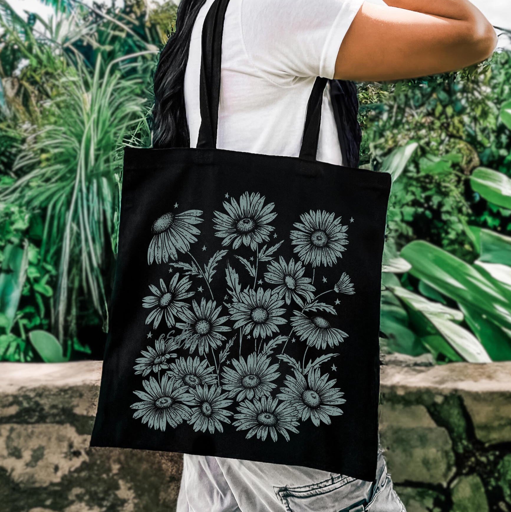 Daisy Linocut Cotton Canvas Tote Bag