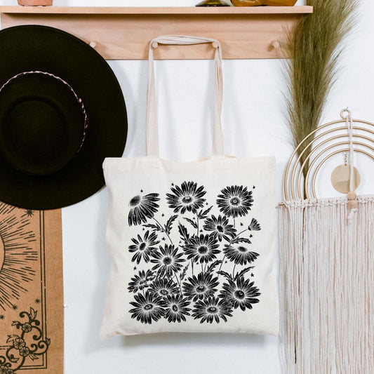 Daisy Linocut Cotton Canvas Tote Bag