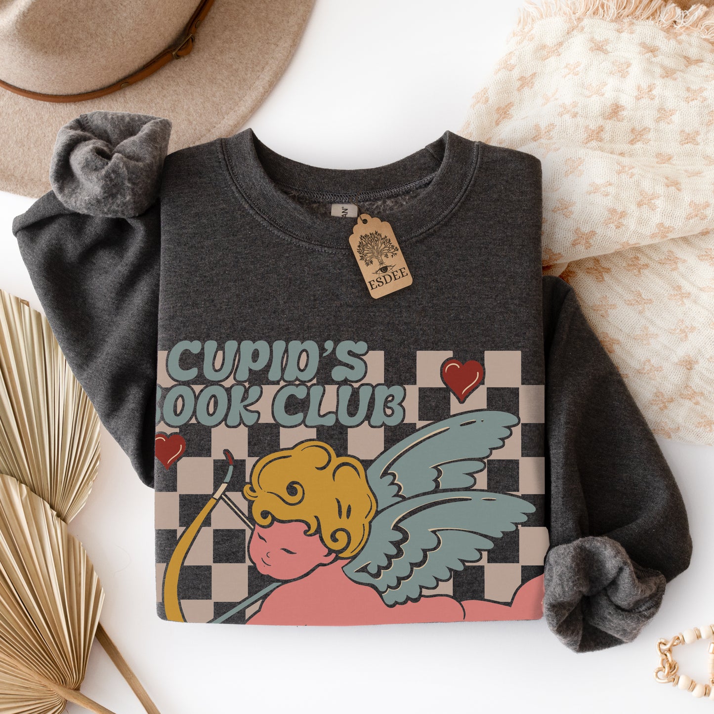 Cupid Valentine Bookclub Gildan Crewneck Sweatshirt Dark Grey Esdee