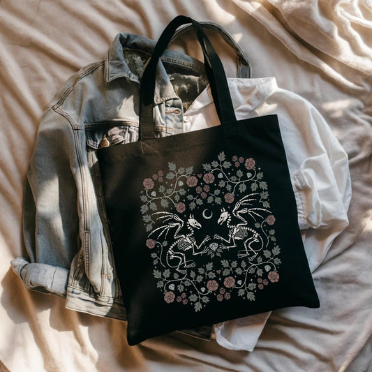 Skeleton Dragon Canvas Tote Bag: Gothic Wildflower Design