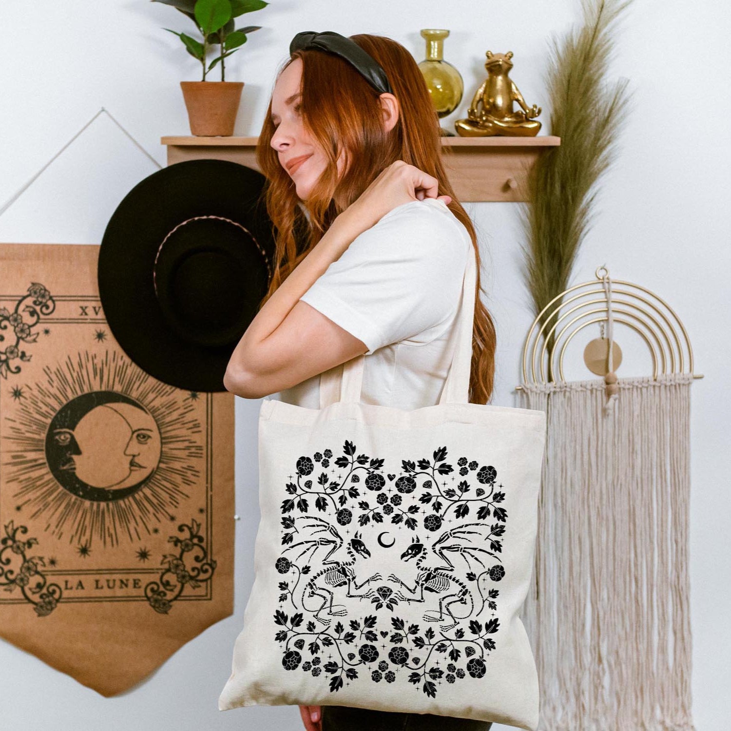 Skeleton Dragon Canvas Tote Bag: Gothic Wildflower Design