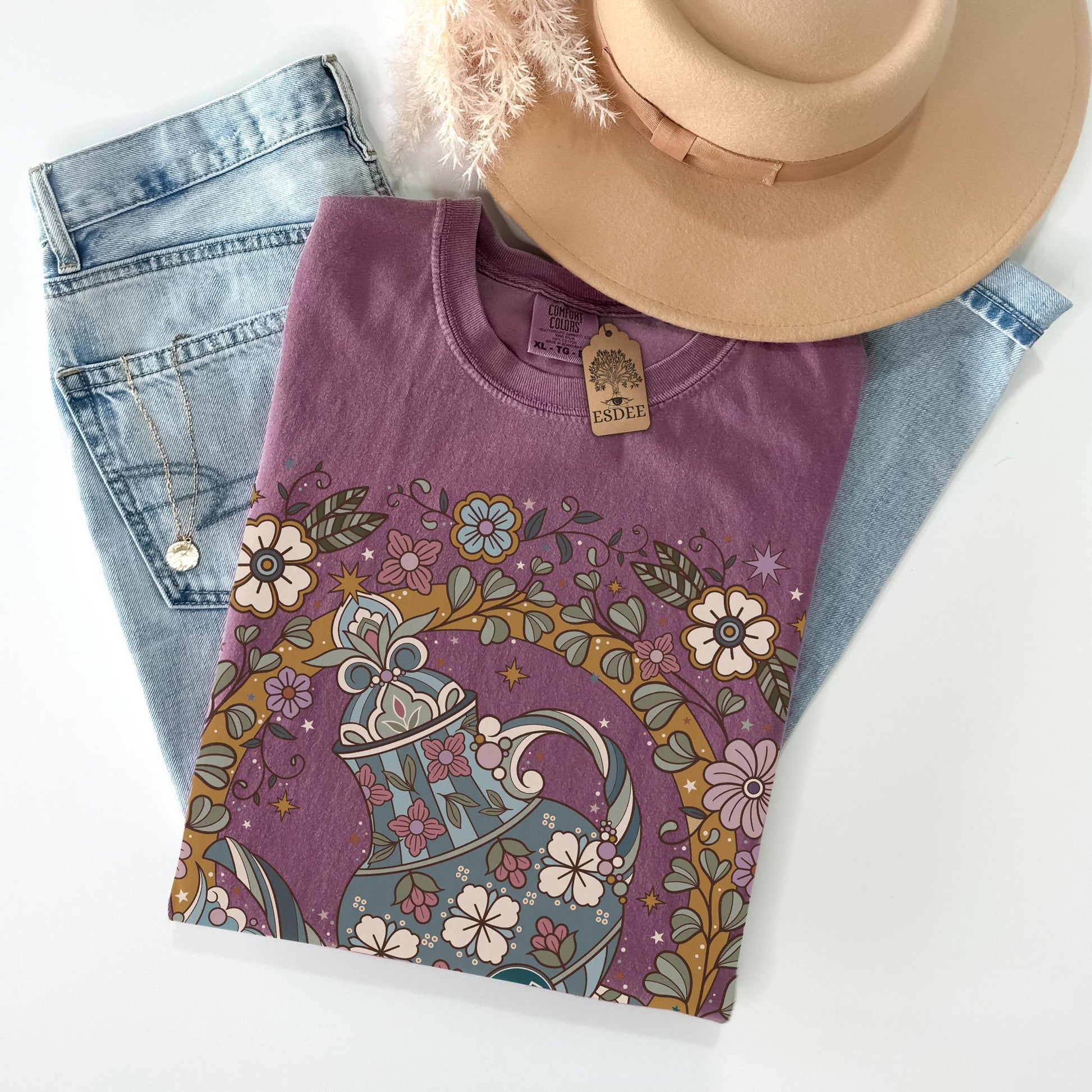 Aquarius Zodiac Sign Retro Comfort Colors T-shirt, Boho Celestial Astrology Tee, Star Sign Gift - Esdee