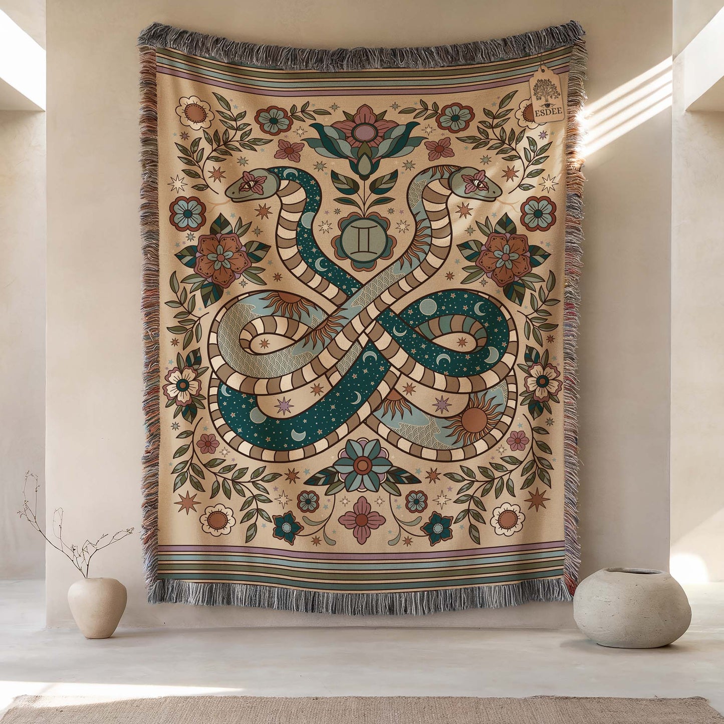 Gemini Zodiac Cotton Woven Throw Blanket, Retro Celestial Astrology Tapestry, Star Sign Gift