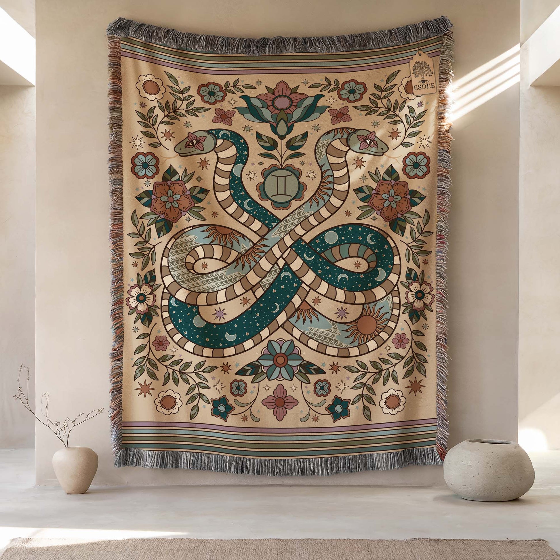 Gemini Zodiac Cotton Woven Throw Blanket, Retro Celestial Astrology Tapestry, Star Sign Gift