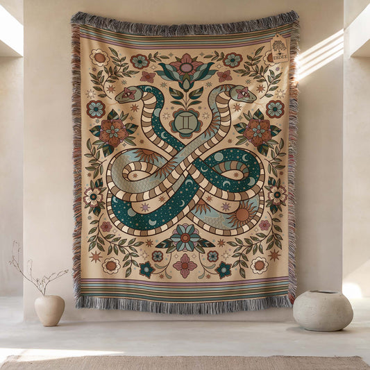 Gemini Zodiac Cotton Woven Throw Blanket, Retro Celestial Astrology Tapestry, Star Sign Gift