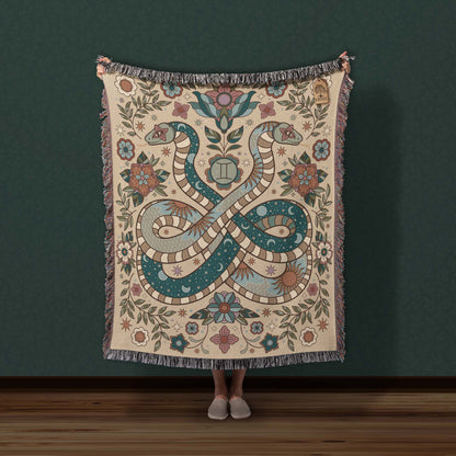 Gemini Zodiac Cotton Woven Throw Blanket, Retro Celestial Astrology Tapestry, Star Sign Gift