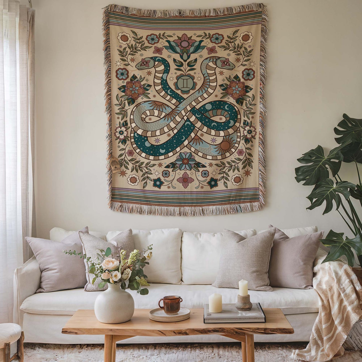 Gemini Zodiac Cotton Woven Throw Blanket, Retro Celestial Astrology Tapestry, Star Sign Gift