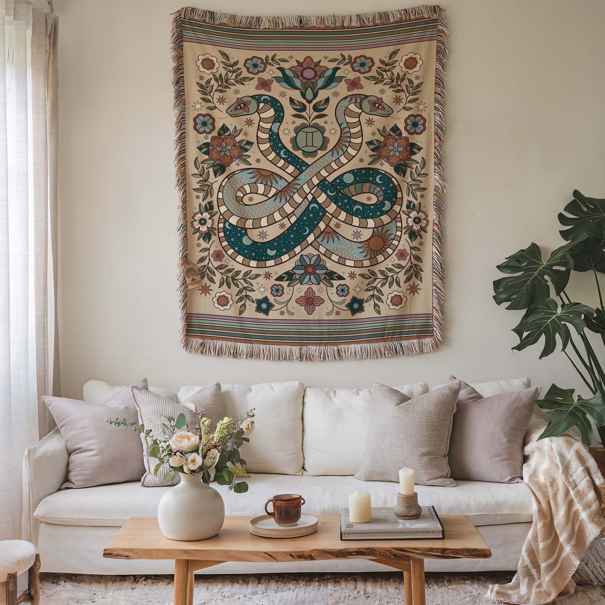 Gemini Zodiac Cotton Woven Throw Blanket, Retro Celestial Astrology Tapestry, Star Sign Gift