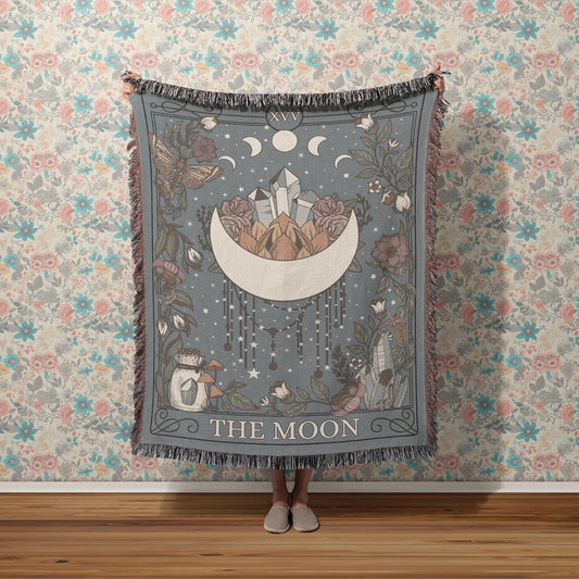 The Moon Tarot Card Cotton Woven Throw Blanket Wall Hanging - Esdee