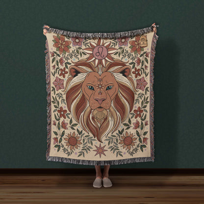 Leo Zodiac Cotton Woven Blanket, Retro Celestial Astrology Tapestry, Star Sign Gift - Esdee