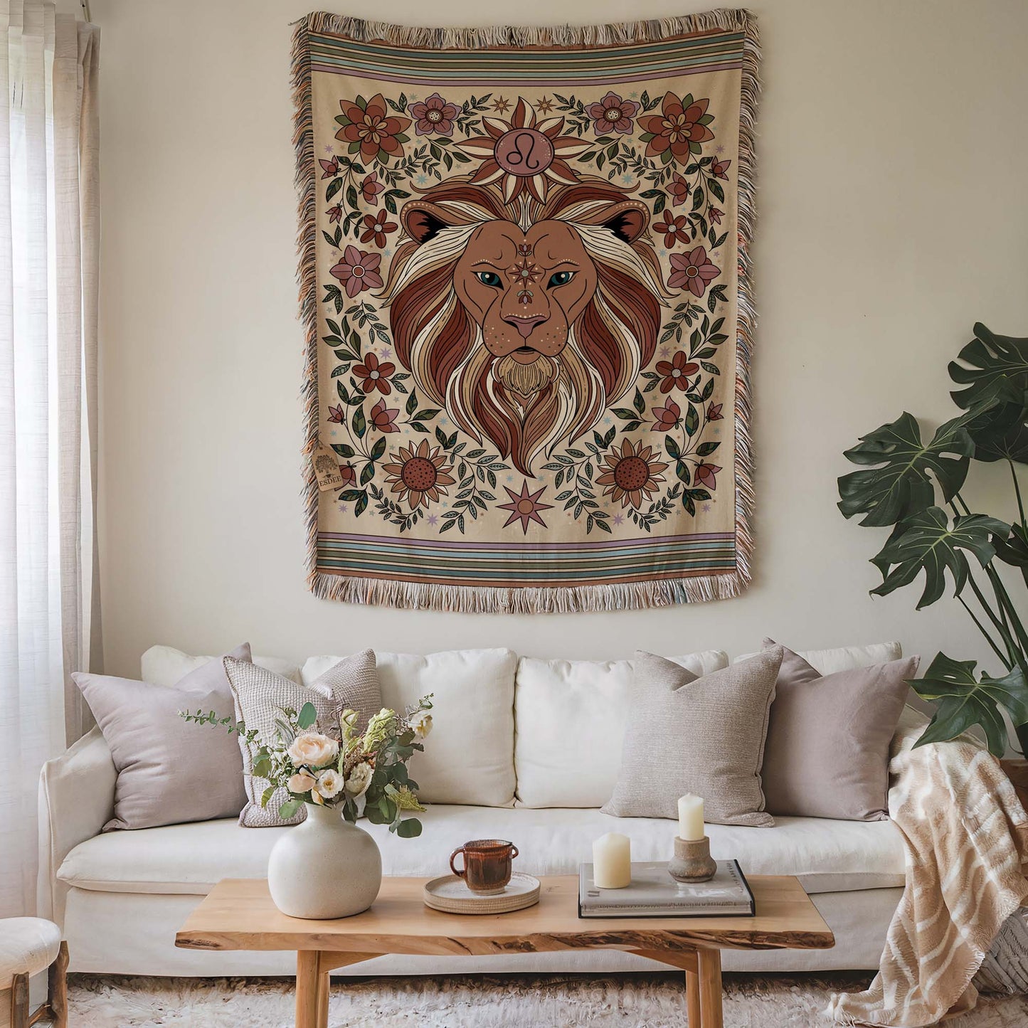 Leo Zodiac Cotton Woven Blanket, Retro Celestial Astrology Tapestry, Star Sign Gift - Esdee