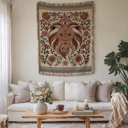 Leo Zodiac Cotton Woven Blanket, Retro Celestial Astrology Tapestry, Star Sign Gift - Esdee