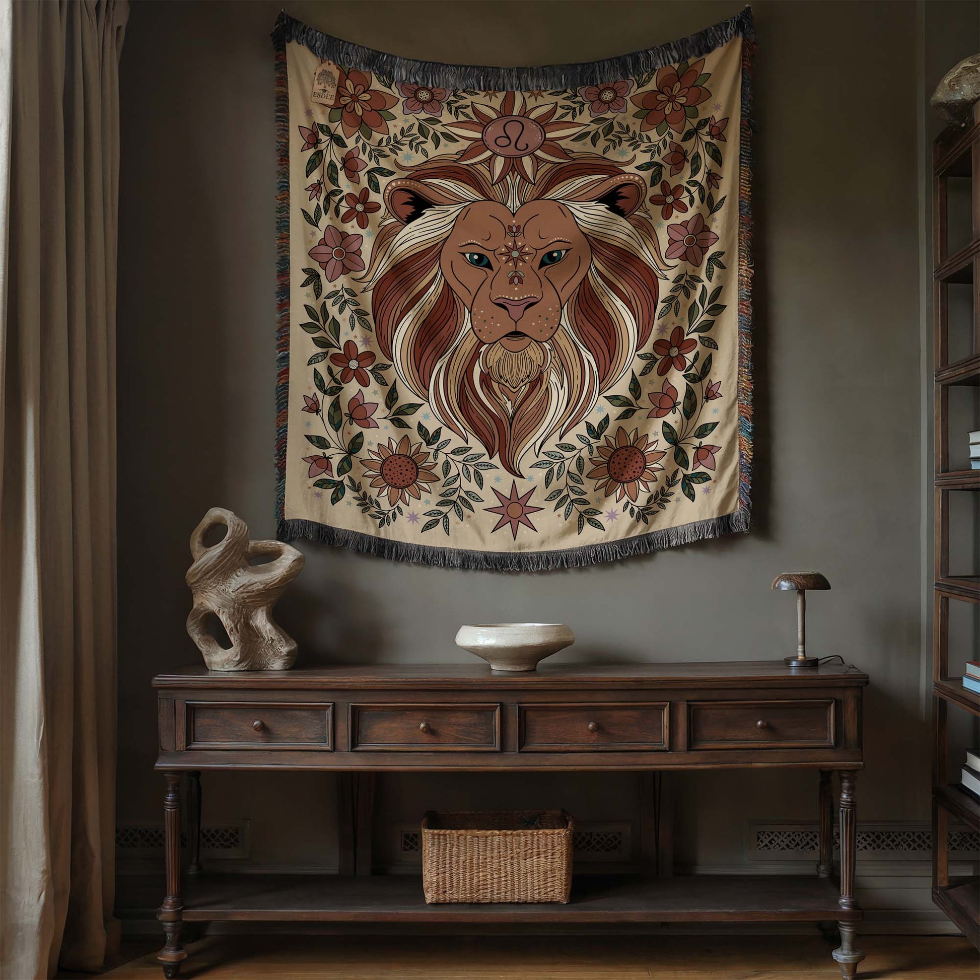 Leo Zodiac Cotton Woven Blanket, Retro Celestial Astrology Tapestry, Star Sign Gift - Esdee