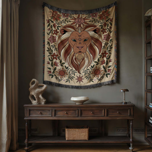 Leo Zodiac Cotton Woven Blanket, Retro Celestial Astrology Tapestry, Star Sign Gift - Esdee