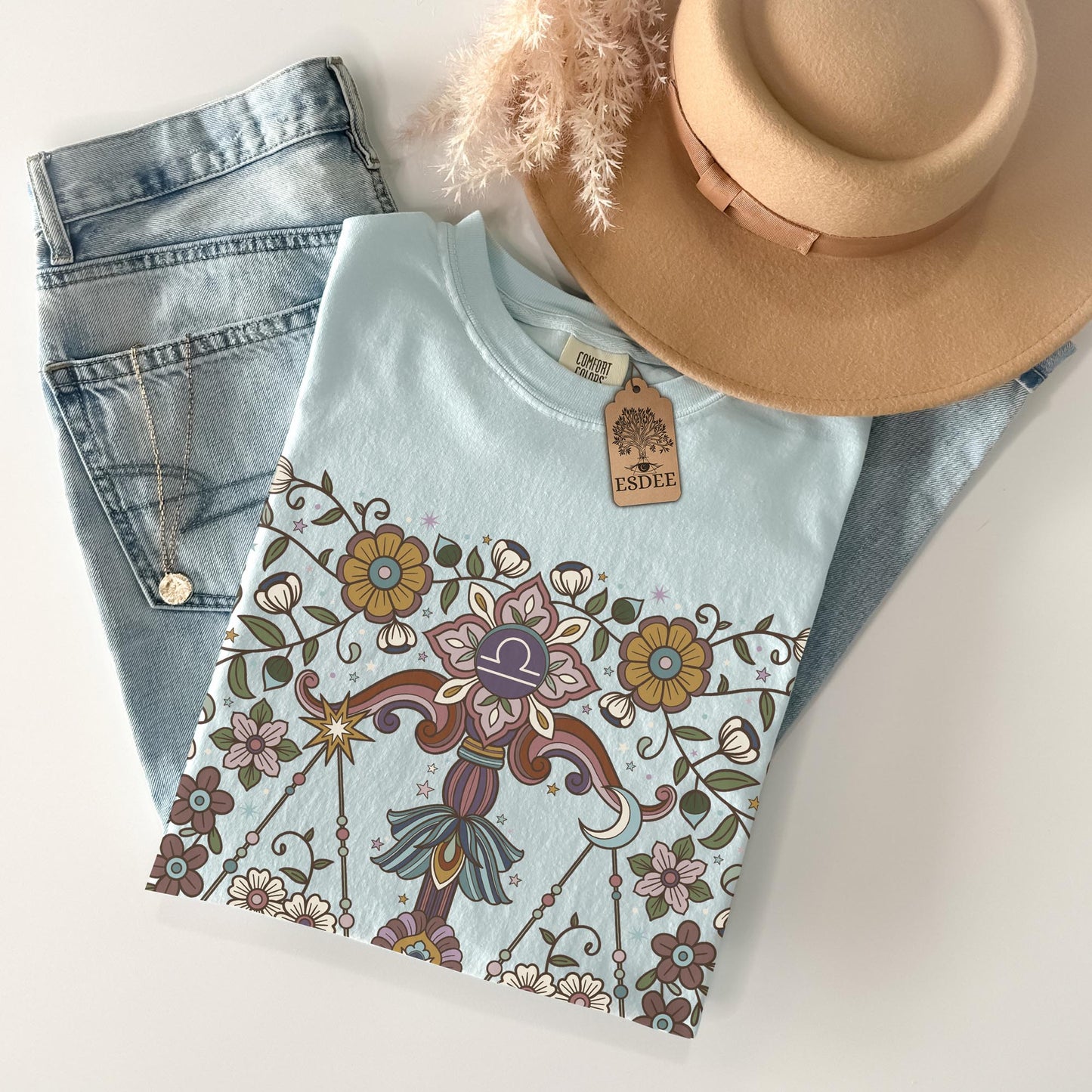Libra Zodiac Shirt, Retro Boho Botanical Tee, Celestial Astrology Top, Star Sign Horoscope Gift - Esdee