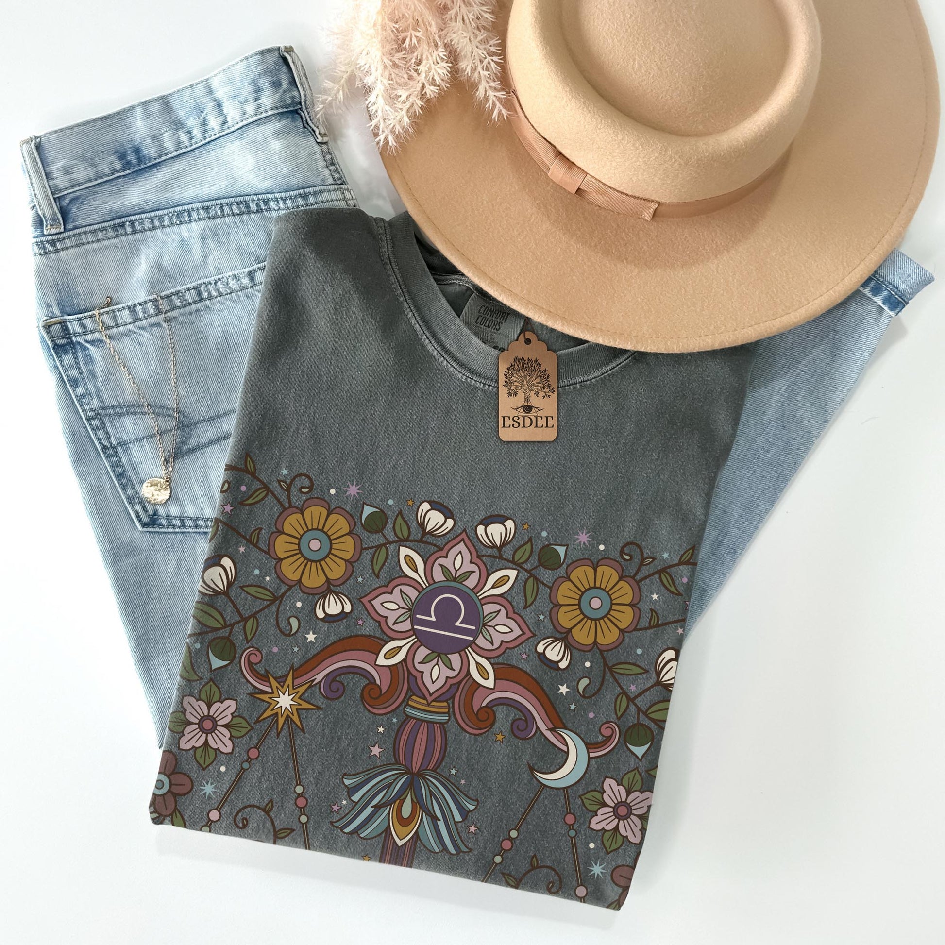 Libra Zodiac Shirt, Retro Boho Botanical Tee, Celestial Astrology Top, Star Sign Horoscope Gift - Esdee