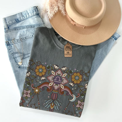 Libra Zodiac Shirt, Retro Boho Botanical Tee, Celestial Astrology Top, Star Sign Horoscope Gift - Esdee