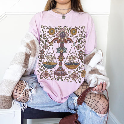 Libra Zodiac Shirt, Retro Boho Botanical Tee, Celestial Astrology Top, Star Sign Horoscope Gift - Esdee