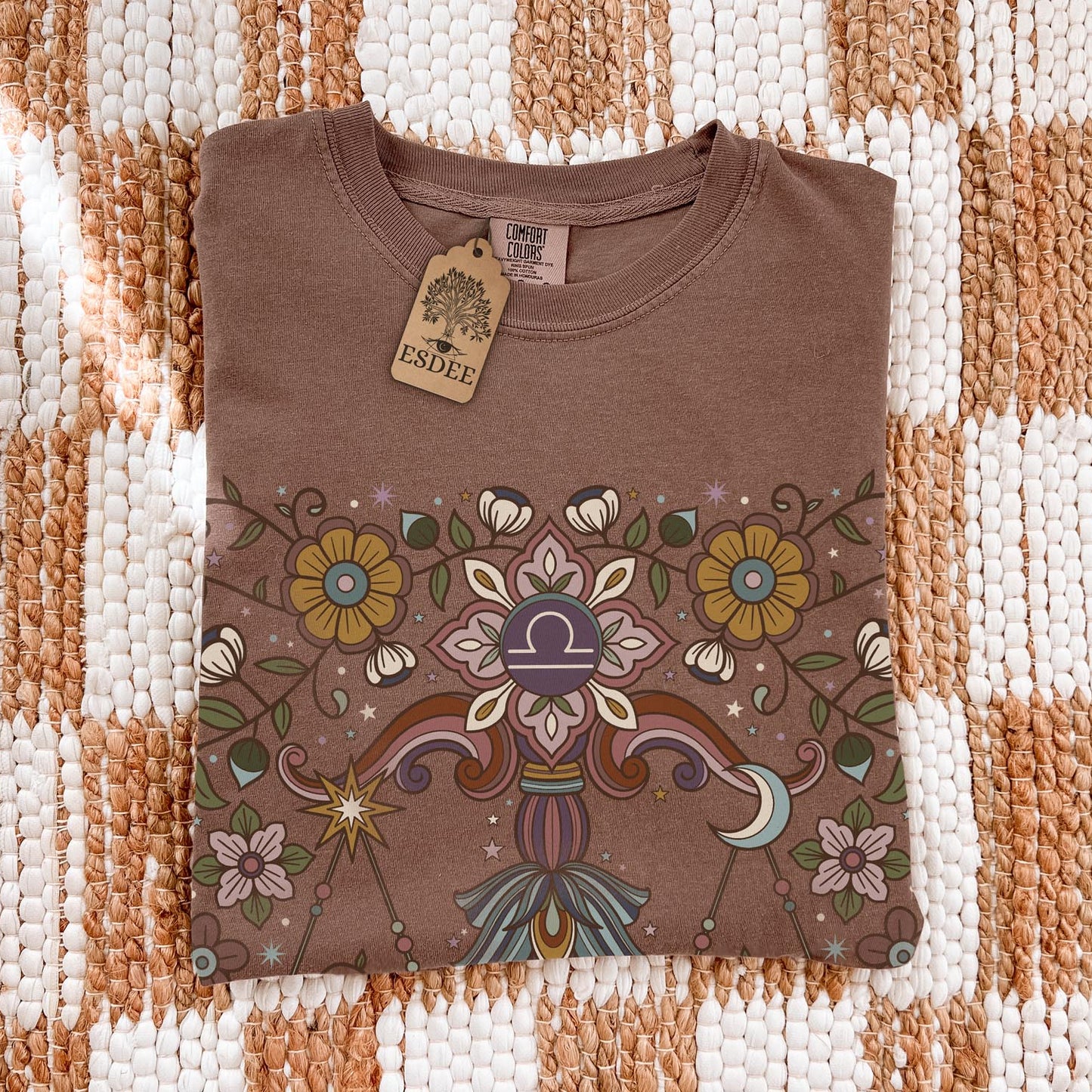 Libra Zodiac Shirt, Retro Boho Botanical Tee, Celestial Astrology Top, Star Sign Horoscope Gift - Esdee
