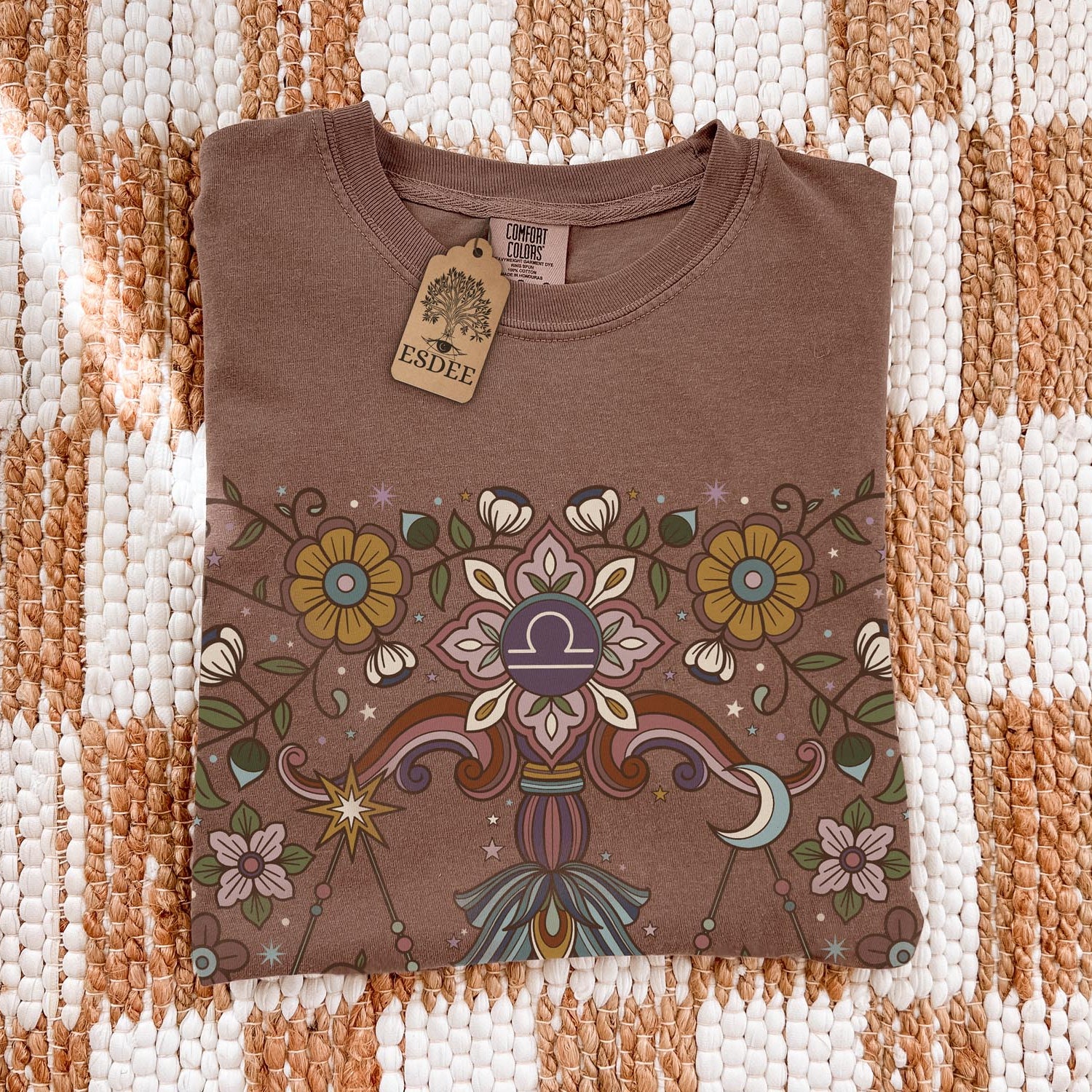Libra Zodiac Shirt, Retro Boho Botanical Tee, Celestial Astrology Top, Star Sign Horoscope Gift - Esdee